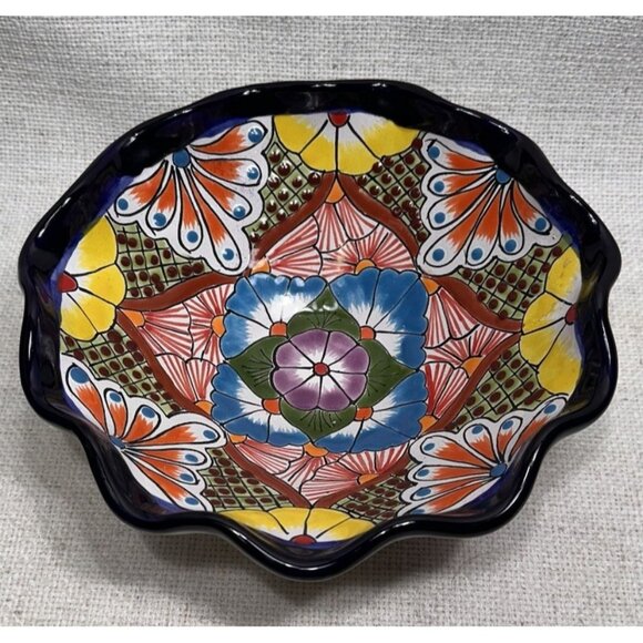 Colorful Floral Handmade Mexican Art 9” in Talavera Bowl with Fluted Edge - Picture 1 of 7